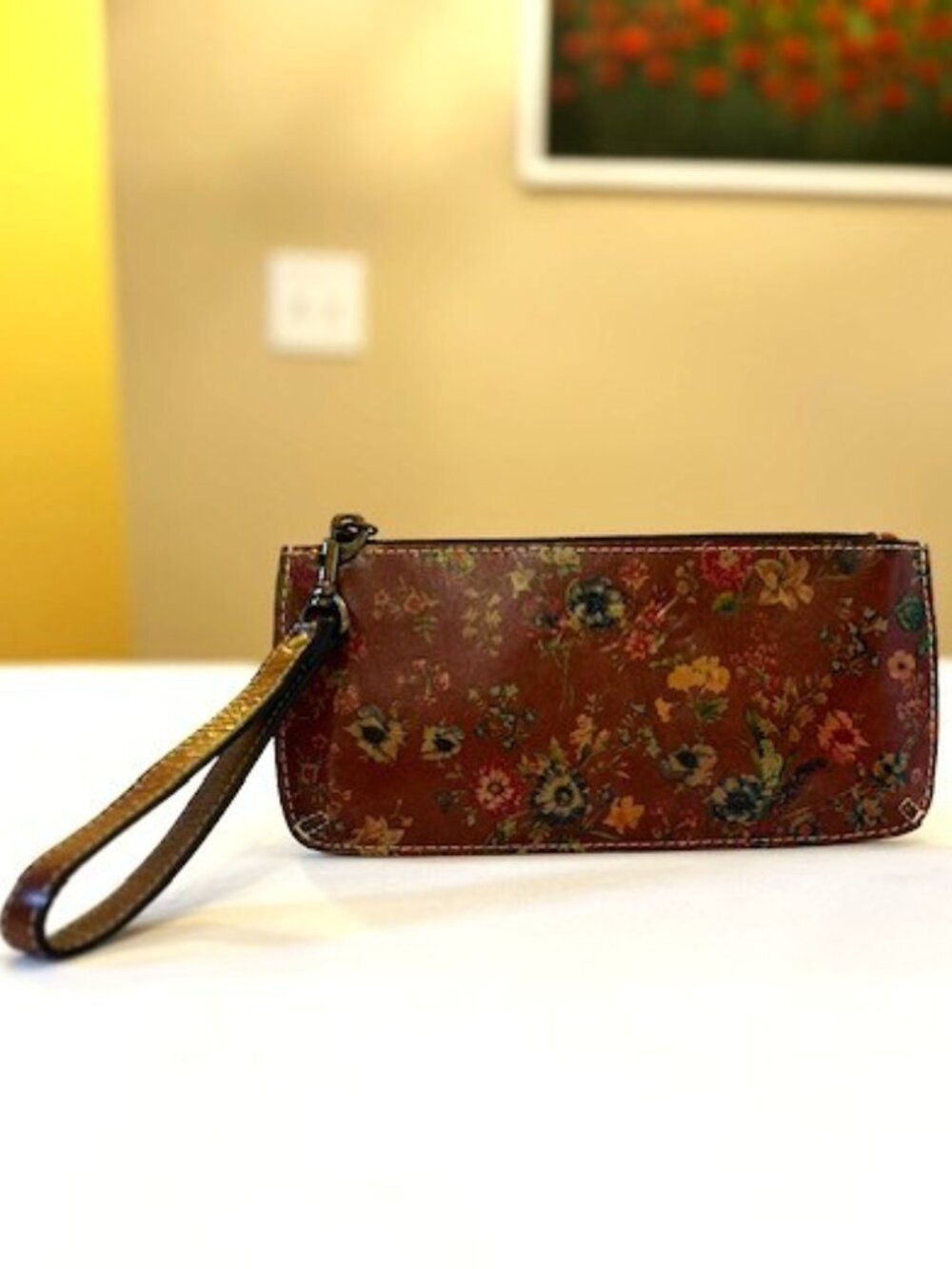 PATRICIA NASH | Prairie Rose Brown Leather Wristlet Clutch Wallet-EUC
